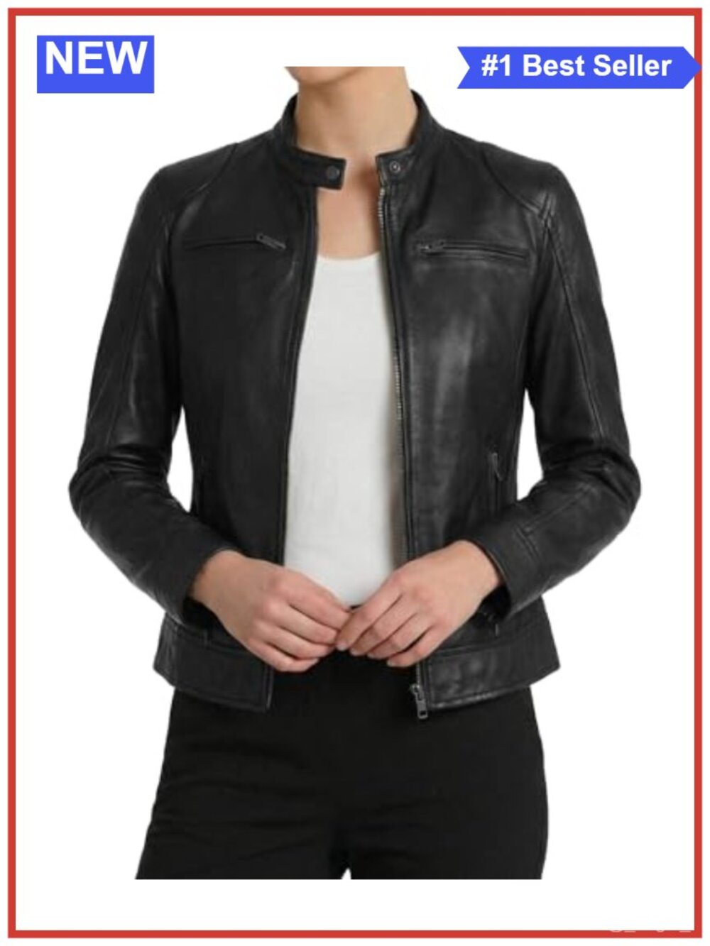 Real Lambskin Leather Jacket Women Cafe Racer Moto Zip Moto - Picture 3 of 6